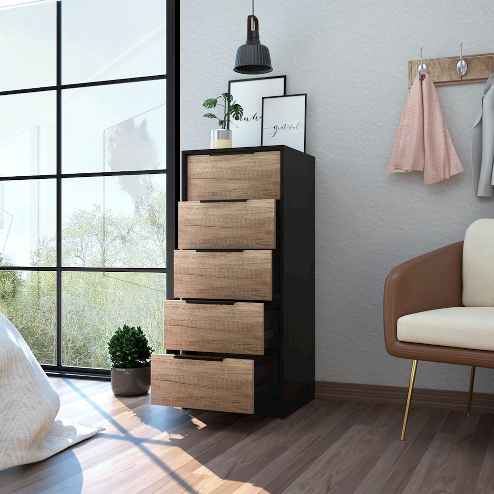 Kaia Five Drawer Dresser Black / Pine MDF. Picture 5
