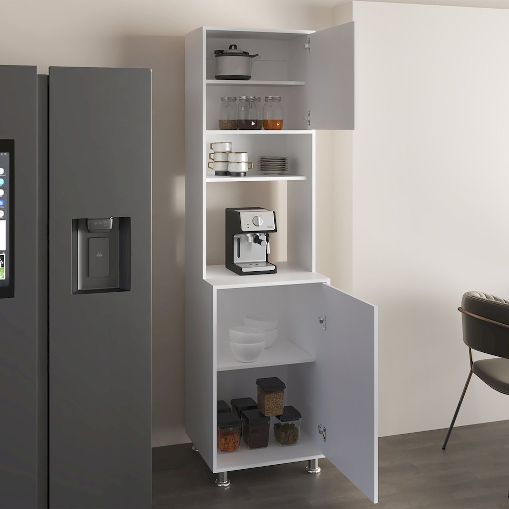 Kitchen Pantry Cabinet With Two Doors, Open Middle Shelf And Upper Storage,White. Picture 5