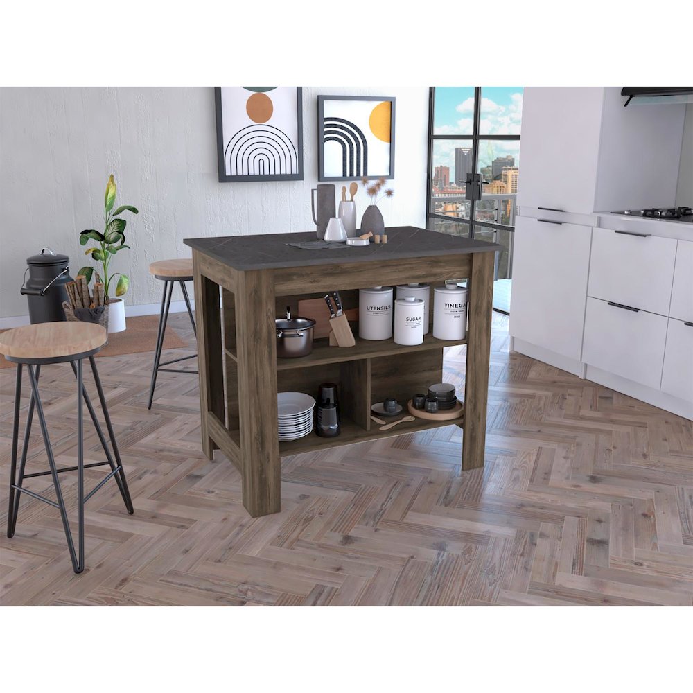 Cala Kitchen Island, Four Legs, Three Shelves Dark Brown / Onyx. Picture 4