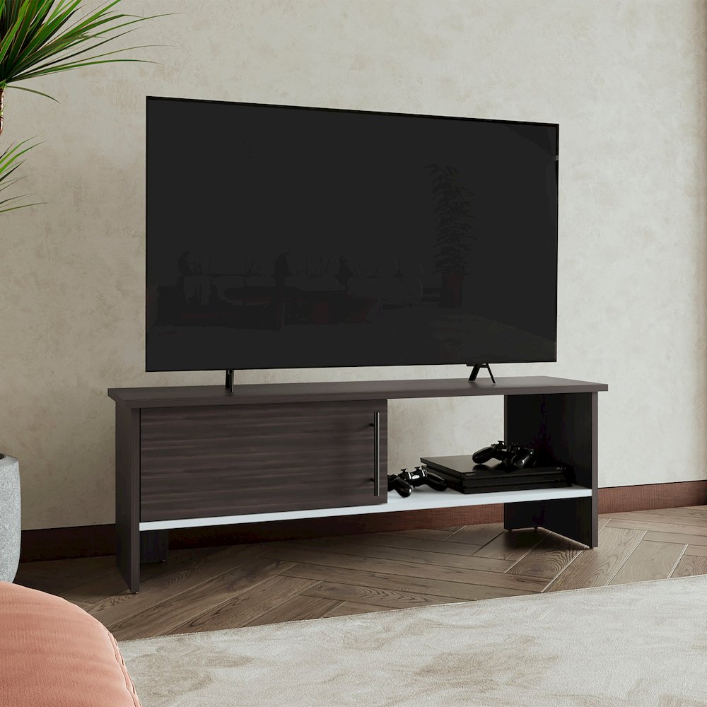 Navia One-Door TV Stand Dark Walnut - White MDF. Picture 3
