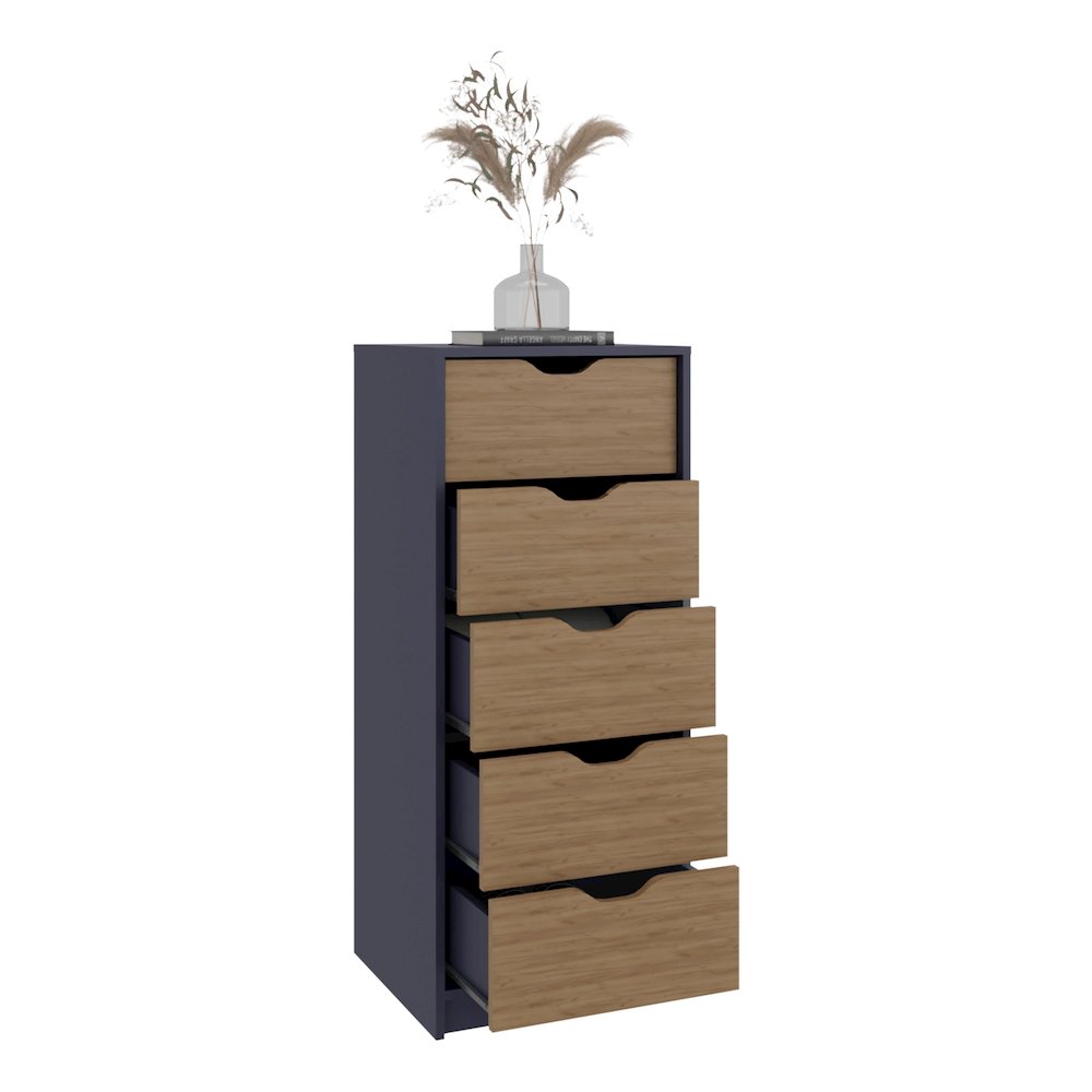 Basilea 5 Drawers Tall Dresser, Pull Out System, Blue Natural Oak. Picture 5