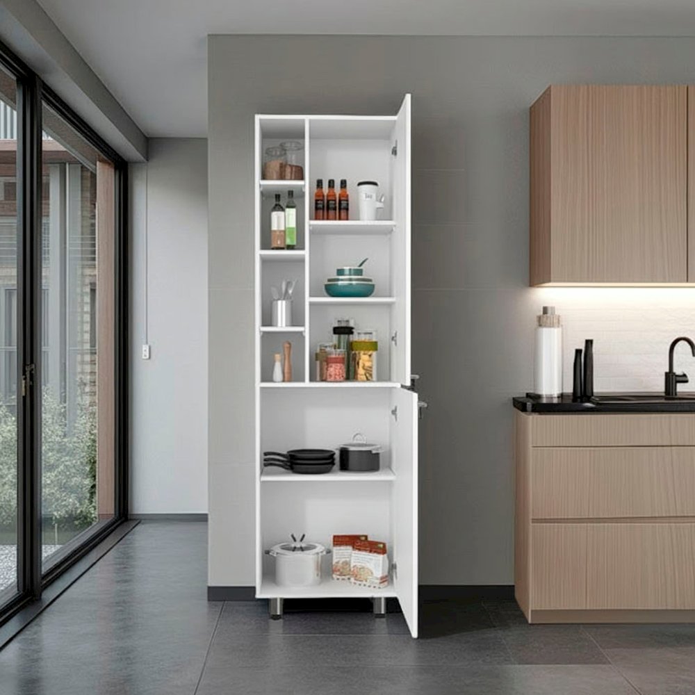 Kitchen Pantry with 2 Doors, Adjustable Shelves, side Shelves, White. Picture 5