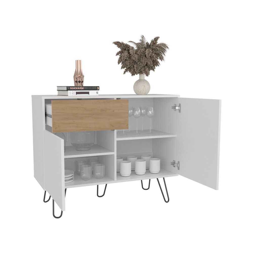 39" Wide Console Table With Two Cabinets, One Drawer and Four Shelves, White. Picture 3