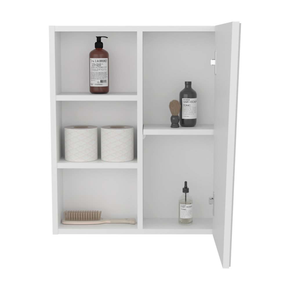 Wall-Mounted Mirror Medicine Cabinet With One Door, Four Open Compartments,White. Picture 2