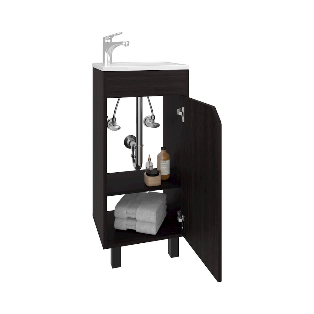 Wide One-Door Cabinet, Free Standing Vanity With Resin Sink, Two Shelves, Black. Picture 1