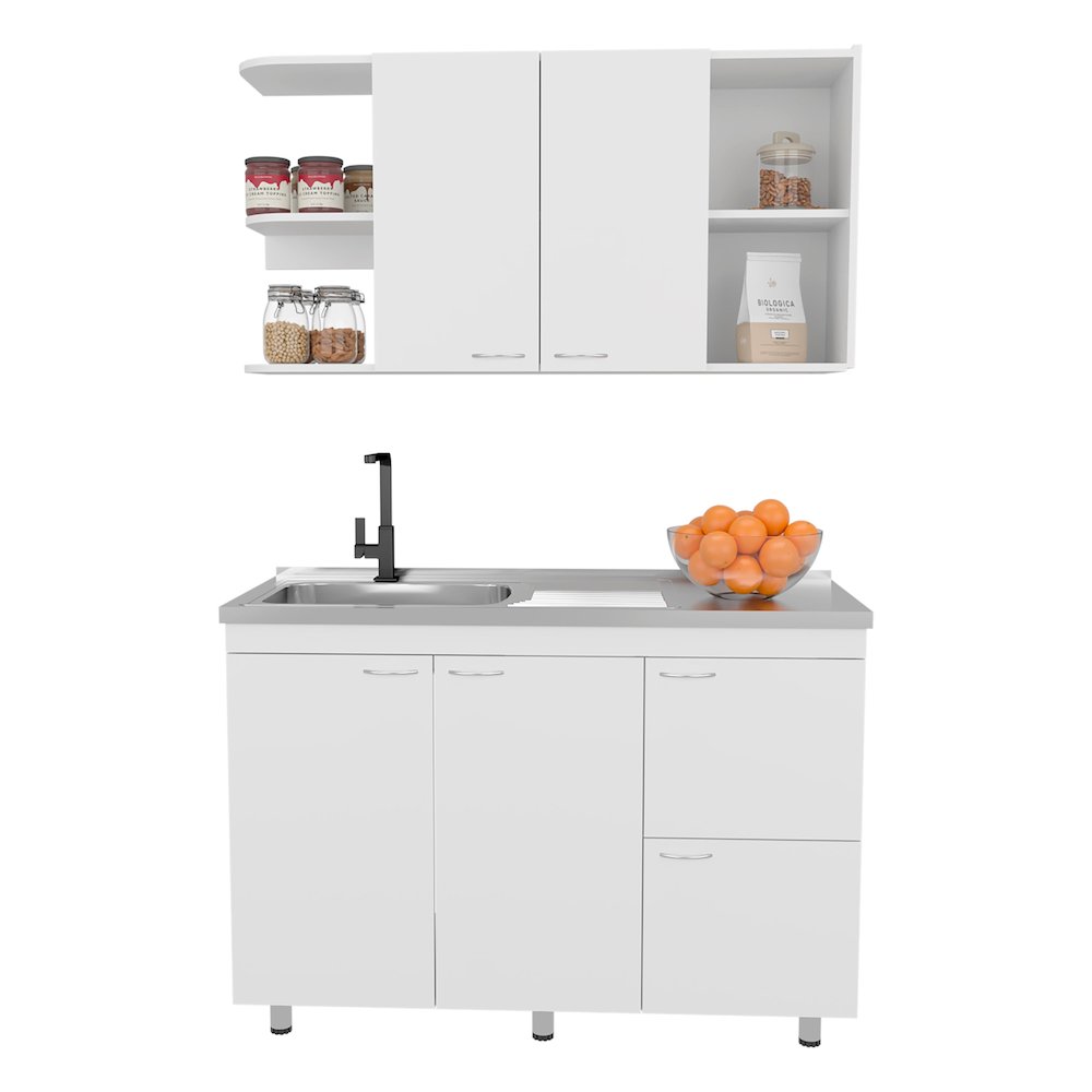 Kitchen Cabinet Set With Upper And Lower Storage, 4 Doors And Open Shelves,White. Picture 2