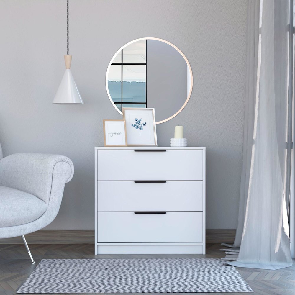 Kaia Three Drawer Dresser White MDF. Picture 3