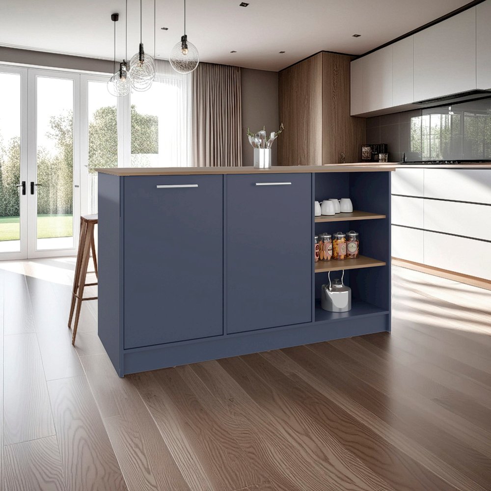 Kitchen Island, Three Open Shelves, Two Cabinets Doors, Natural Oak. Picture 4