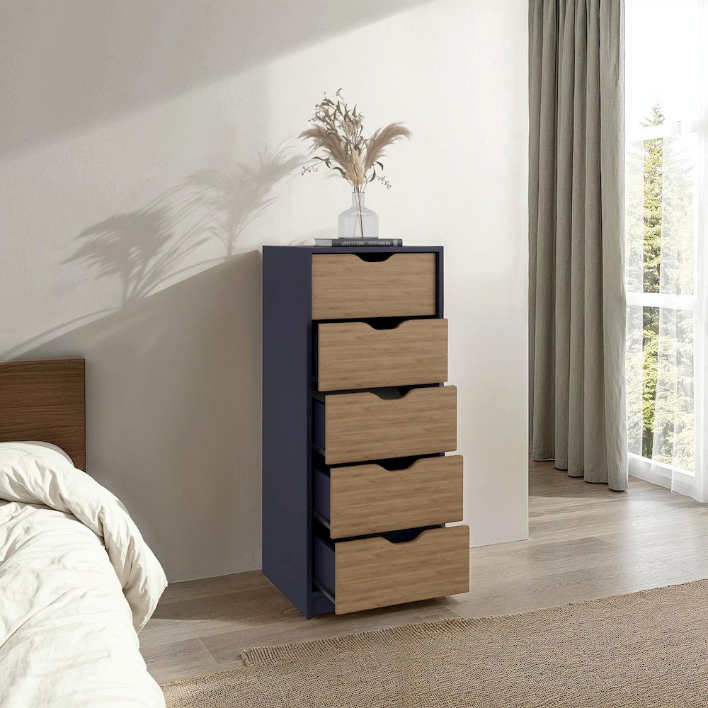 Basilea 5 Drawers Tall Dresser, Pull Out System, Blue Natural Oak. Picture 4