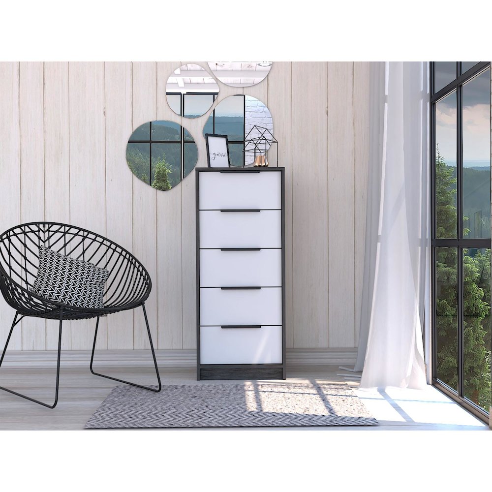 Kaia Five Drawer Dresser Smokey Oak / White MDF. Picture 3