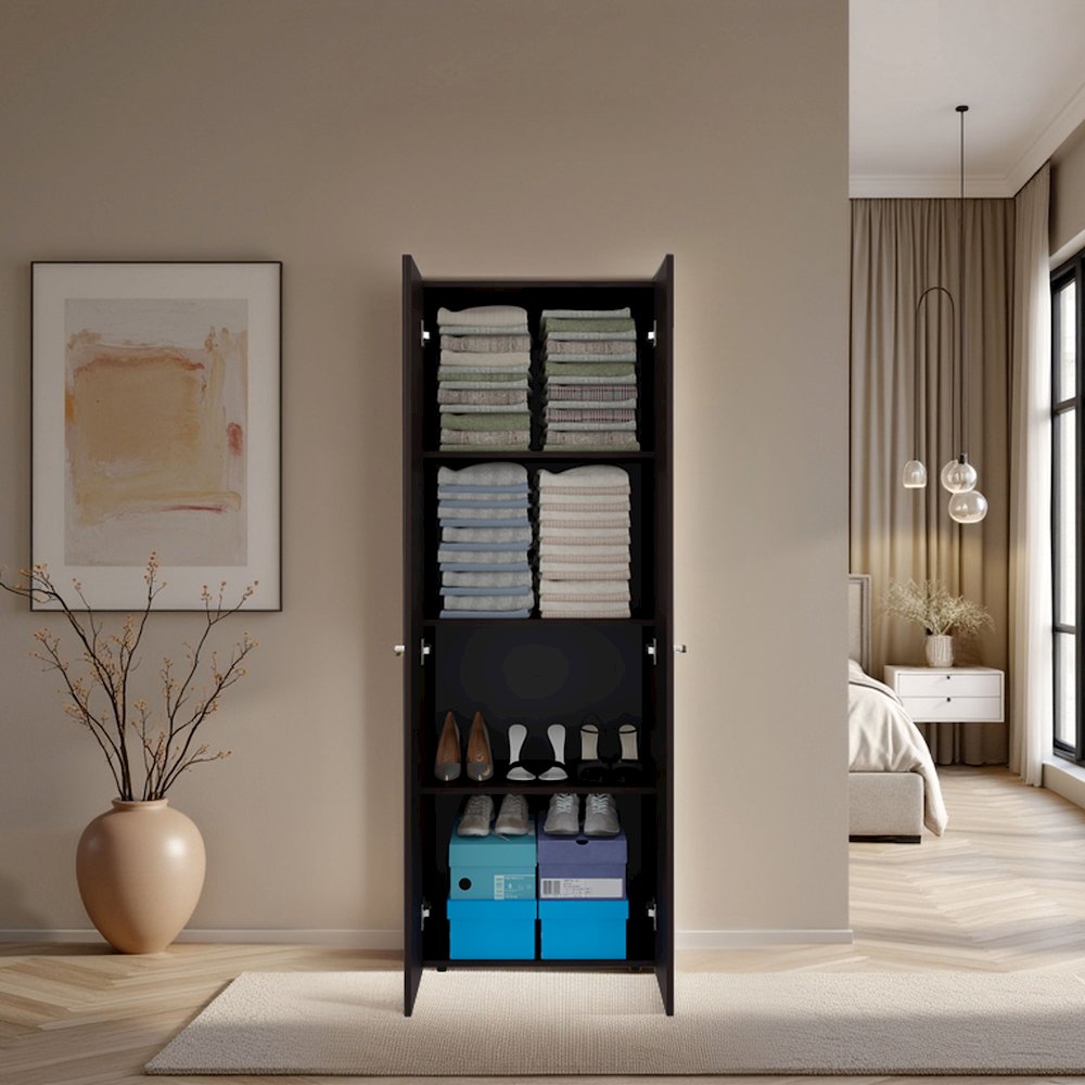 2 Door Closet System, Four Fixed Shelves, Compact Wardrobe, Stained Walnut. Picture 5
