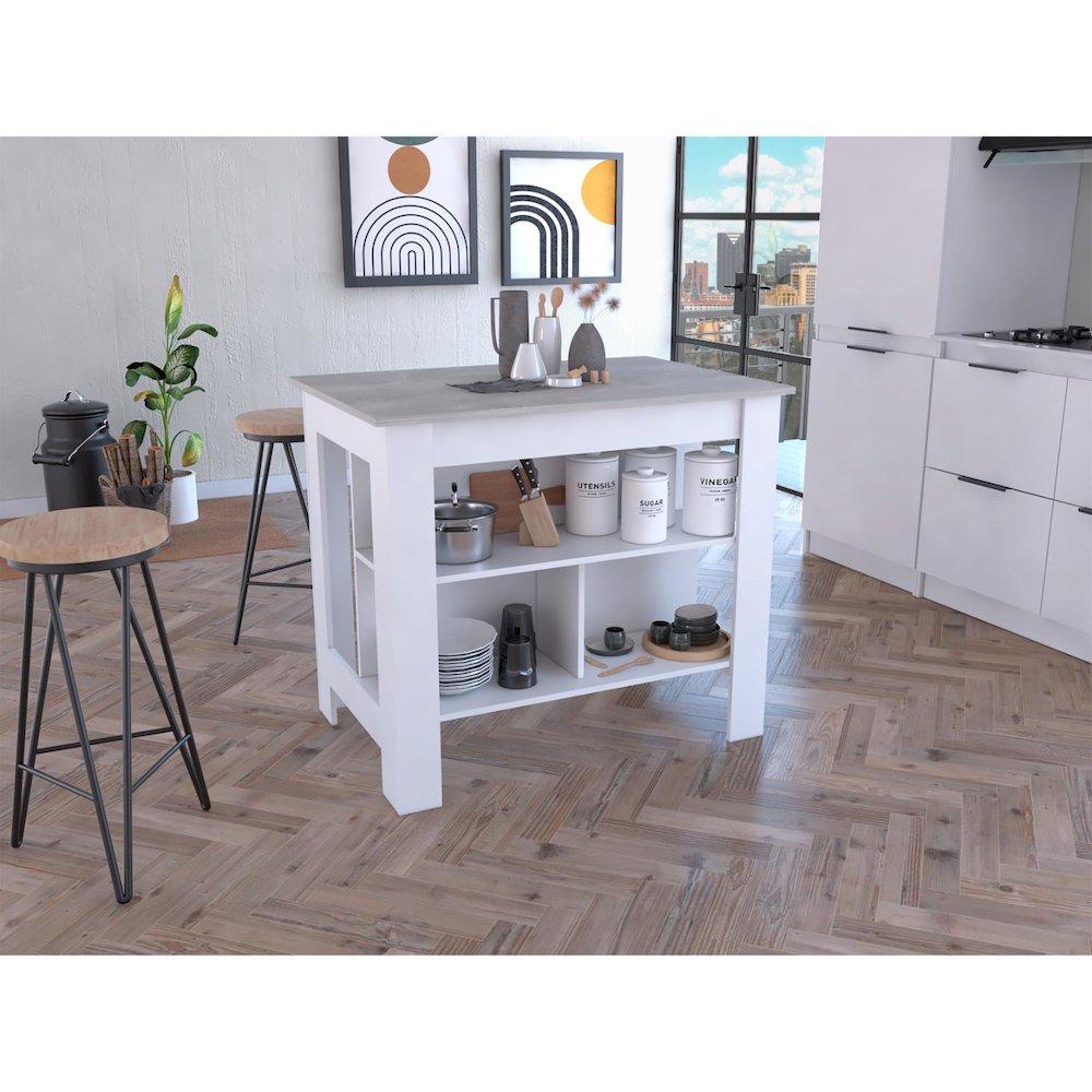 Cala Kitchen Island, Four Legs, Three Shelves White / Ibiza Marble. Picture 4