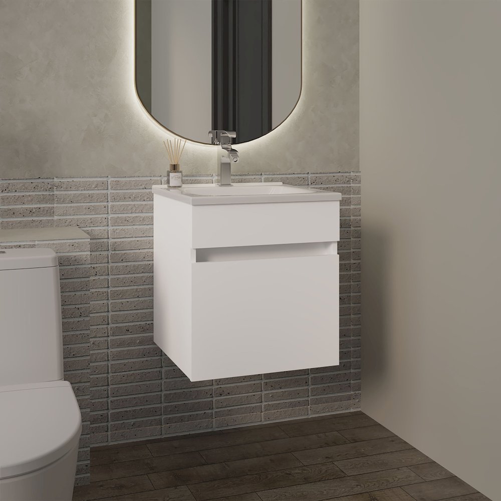 18" Wide Floating Bathroom Vanity, With One Cabinet And Two Shelves, White. Picture 4