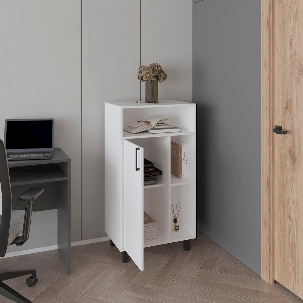 Base Cabinet, Compact Organizer, With One Door, Open Shelves, White. Picture 5