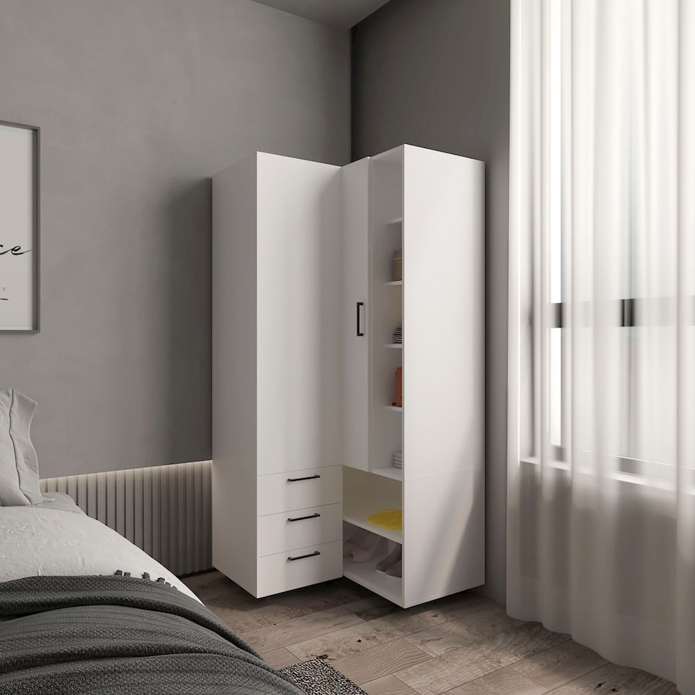 Corner Armoire With Double Doors, Interior Shelves, Space-Saving Wardrobe, White. Picture 4