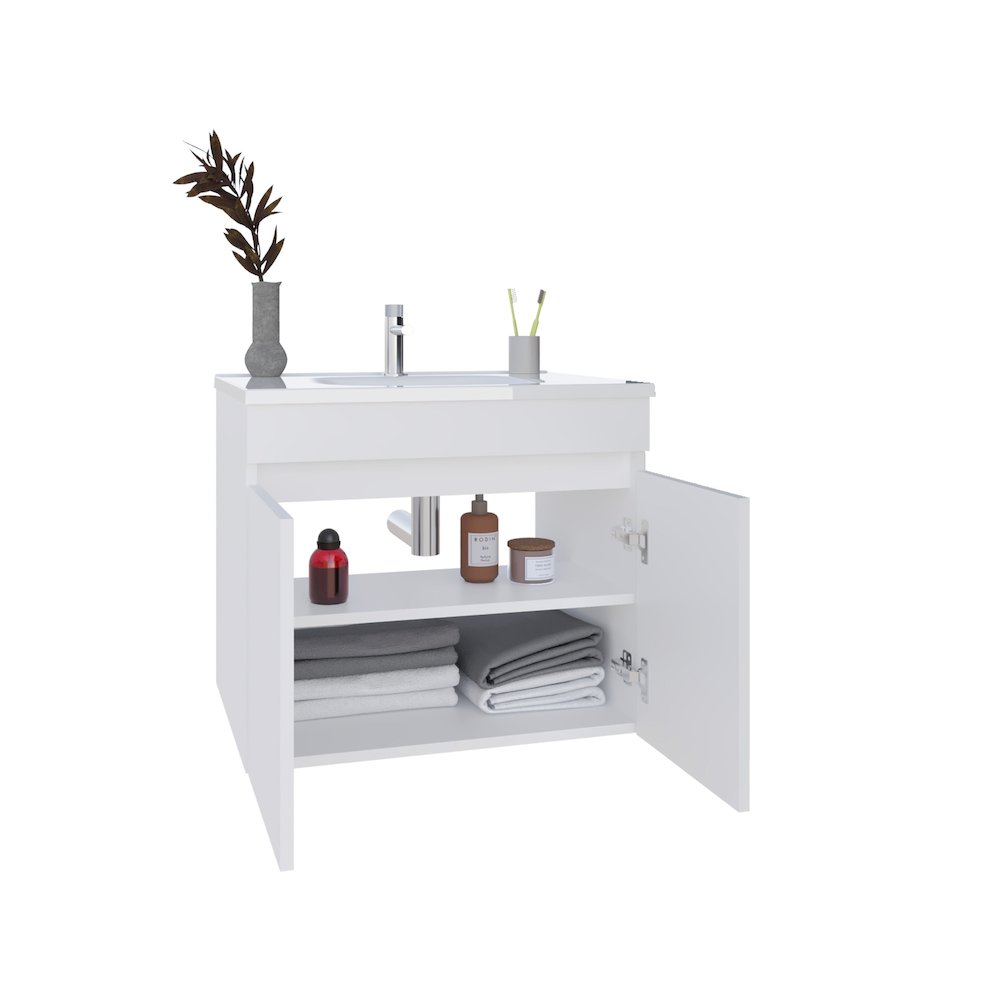 Chaux Floating, Wide Double Door Vanity, With Resin Sink And Two Shelves, White. Picture 1
