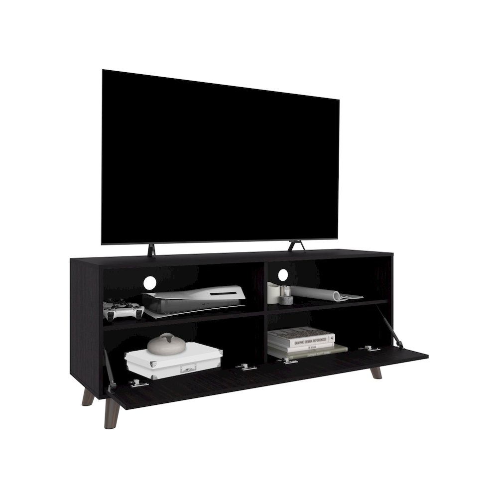 Tv Stand With 2 Doors And Open Storage Shelves, Entertainment Center, Black. Picture 2