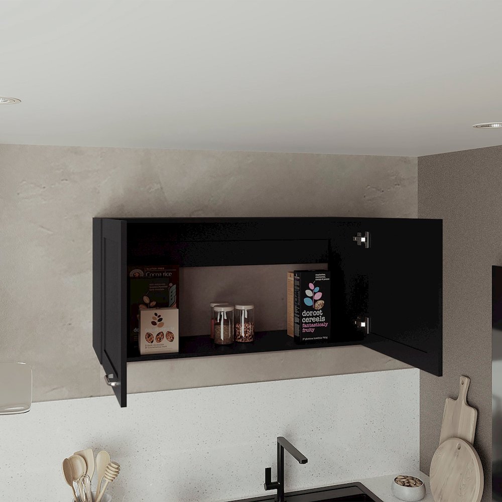 Wall Cabinet, Double Door, Wide, One Shelf, Kitchen, Storage Cabinet, Black. Picture 5