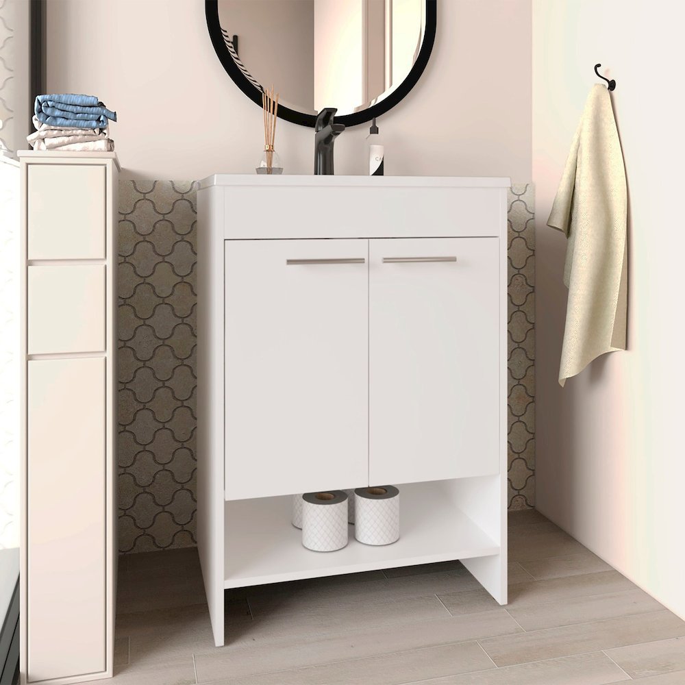 Lorenzo Floor Vanity With Four Drawers And Two Open Shelves, White. Picture 4