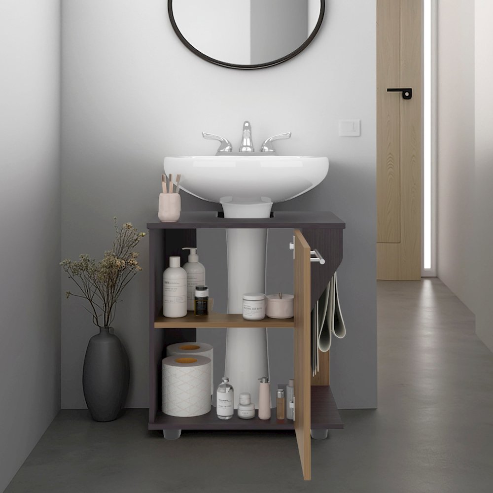 Under Sink Cabinet, Double Door Storage with Open Back, Black, Natural Oak. Picture 5