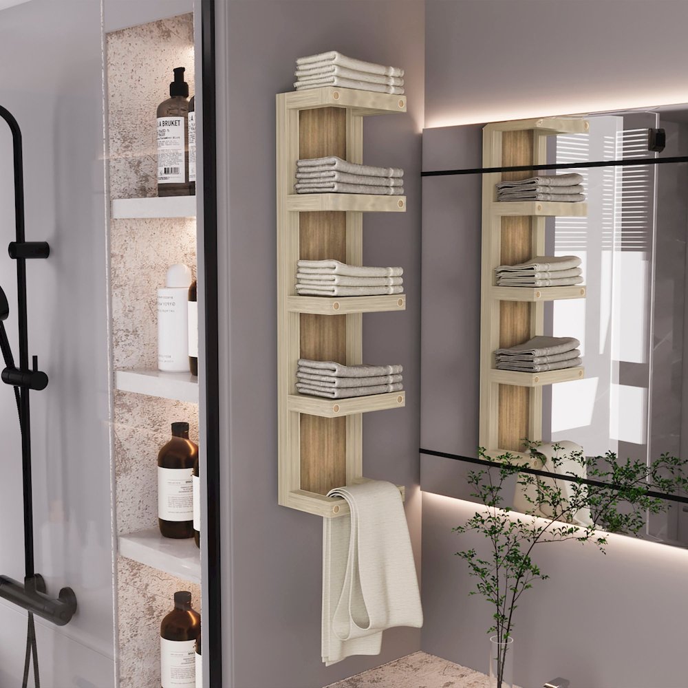 5-Tier Wall Towel Rack, Vertical Storage Organizer, Natural Oak. Picture 4