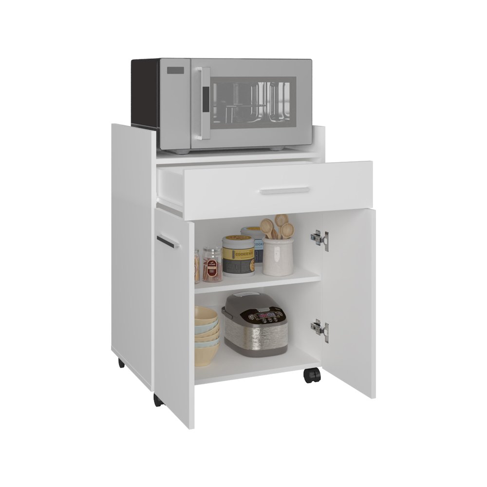 Kitchen Cart With Casters, Open Shelves, Drawer And Cabinet Storage, White. Picture 2