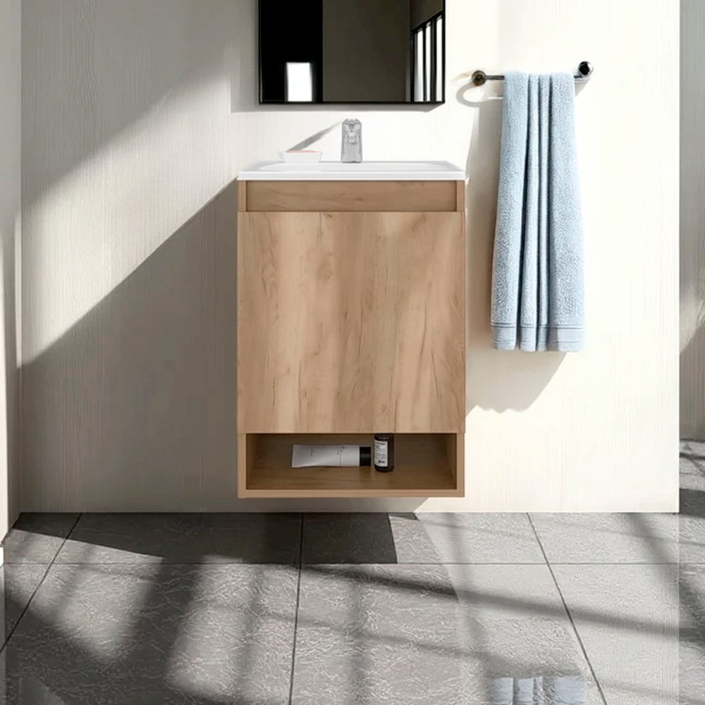 Floating, Wall-Mounted Vanity Bathroom Vanity With One Door Cabinet, Natural Oak. Picture 4