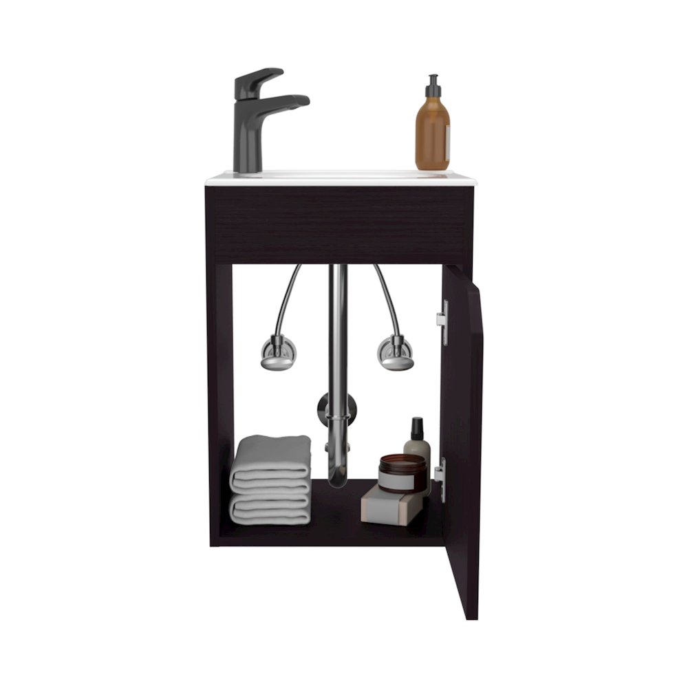 Bethel Floating Wide One-Door Vanity With Resin Sink And Two Shelves, Black. Picture 2