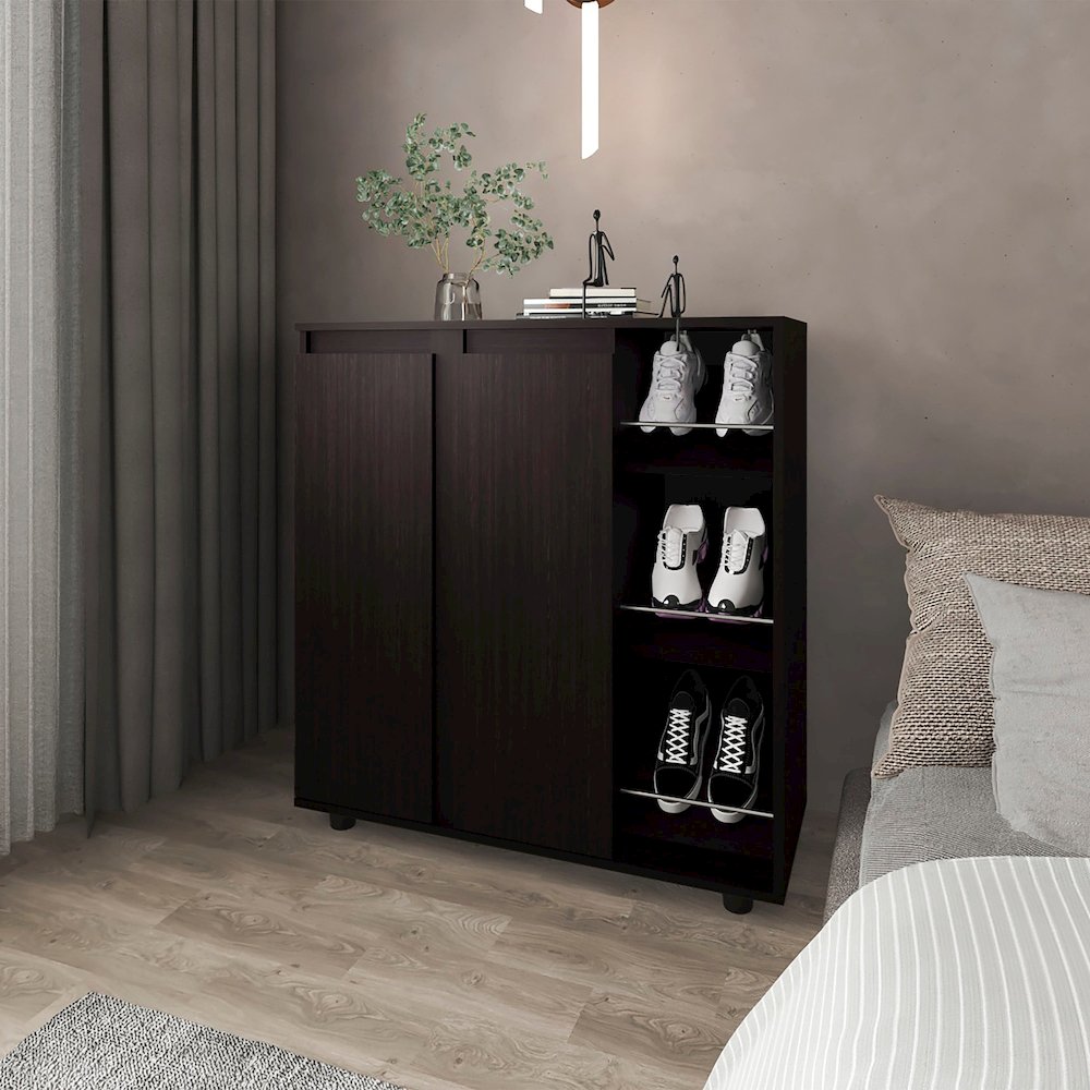 Houck Shoe Rack with 3 Side Tiers, Compact Storage, Black. Picture 4