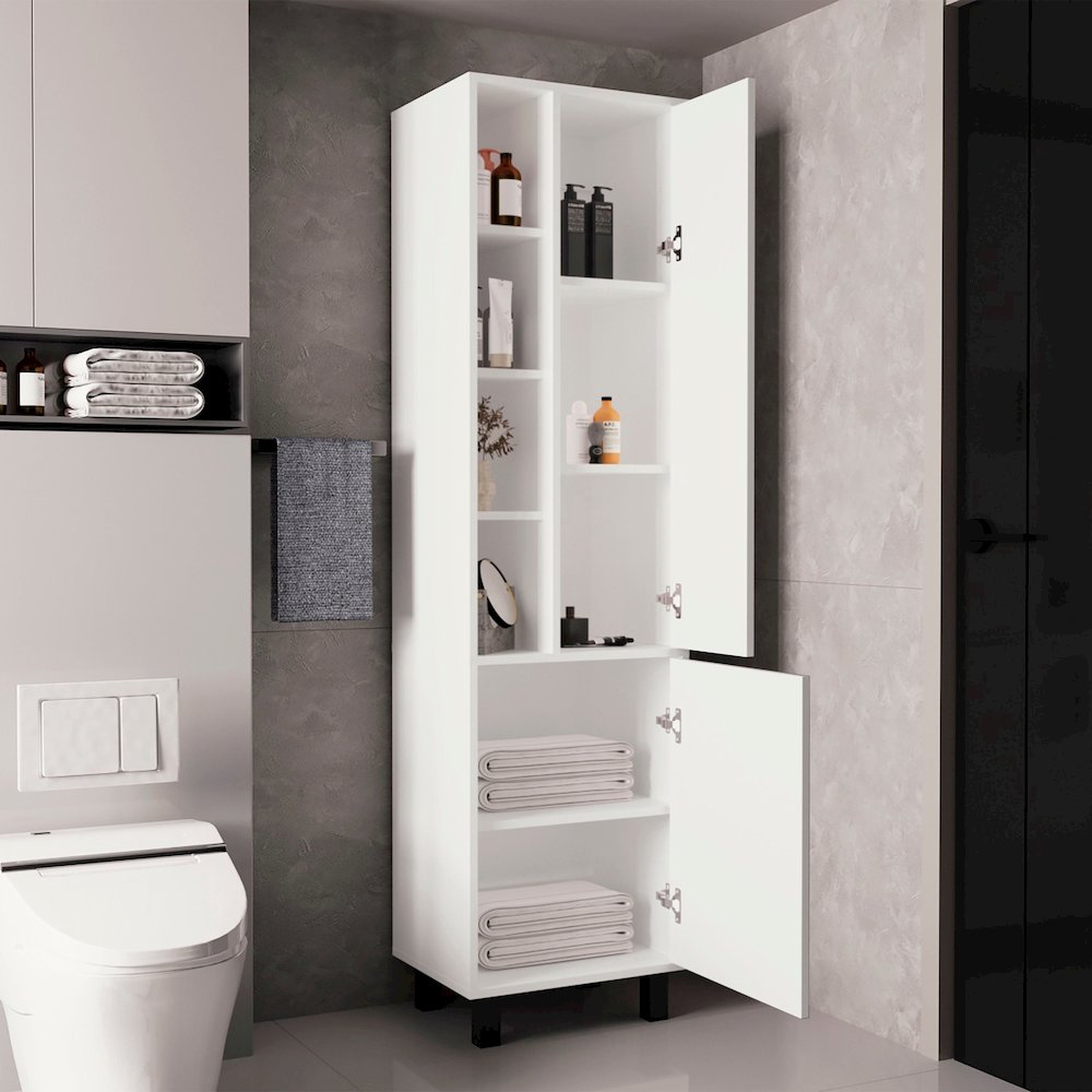 Stanton Tall Storage Cabinet With Two Doors And Three Open Shelves, White. Picture 5