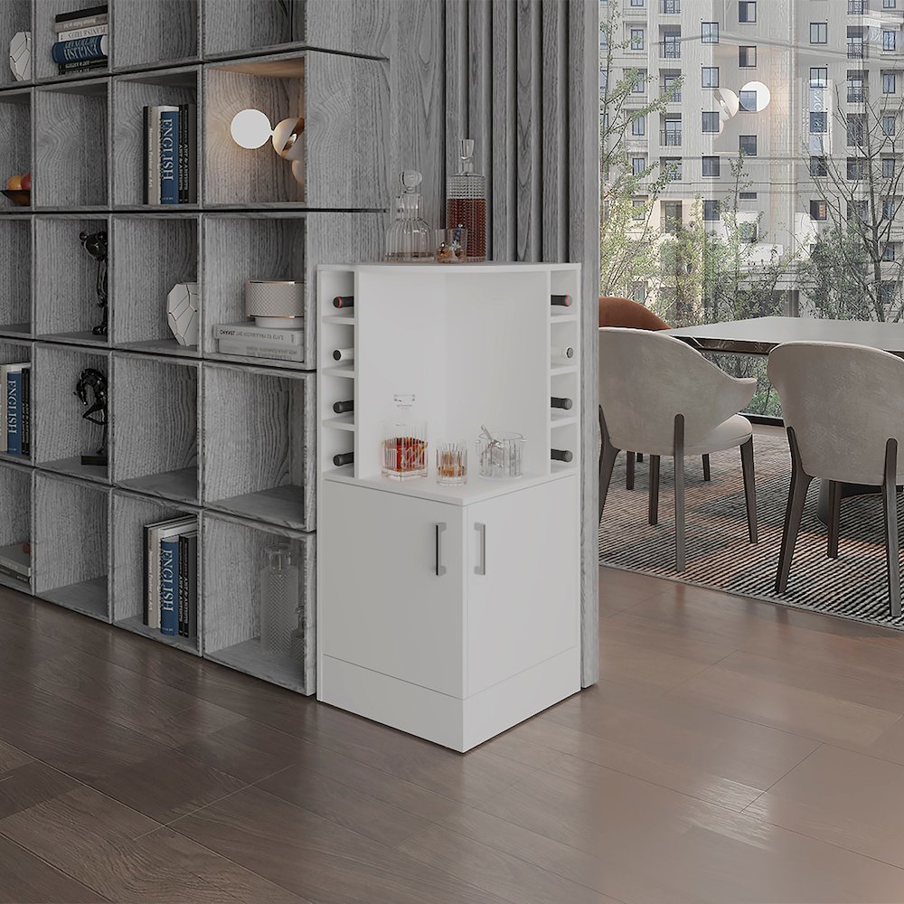Jakes 42" Tall Corner Bar Cabinet White MDF. Picture 3