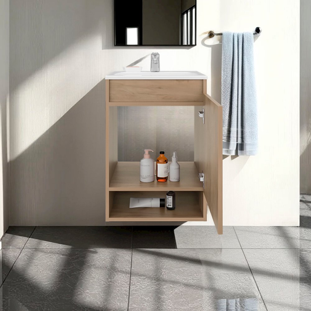 Floating, Wall-Mounted Vanity Bathroom Vanity With One Door Cabinet, Natural Oak. Picture 5