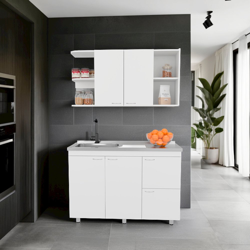 Kitchen Cabinet Set With Upper And Lower Storage, 4 Doors And Open Shelves,White. Picture 4