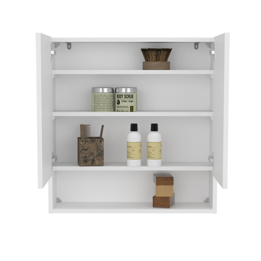 Double-Door Medicine Cabinet With Mirrored Doors And Interior Shelves, White. Picture 2