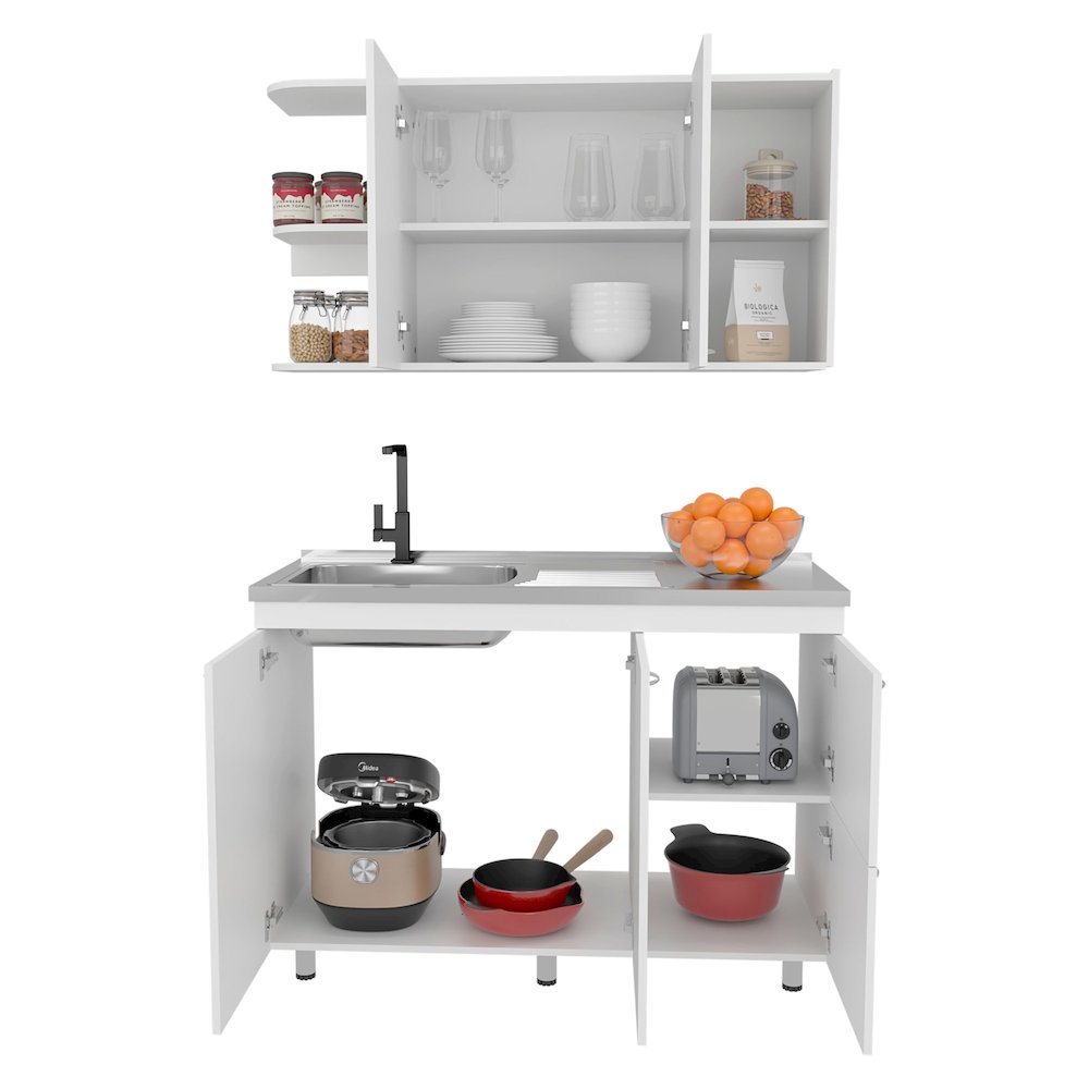 Kitchen Cabinet Set With Upper And Lower Storage, 4 Doors And Open Shelves,White. Picture 1