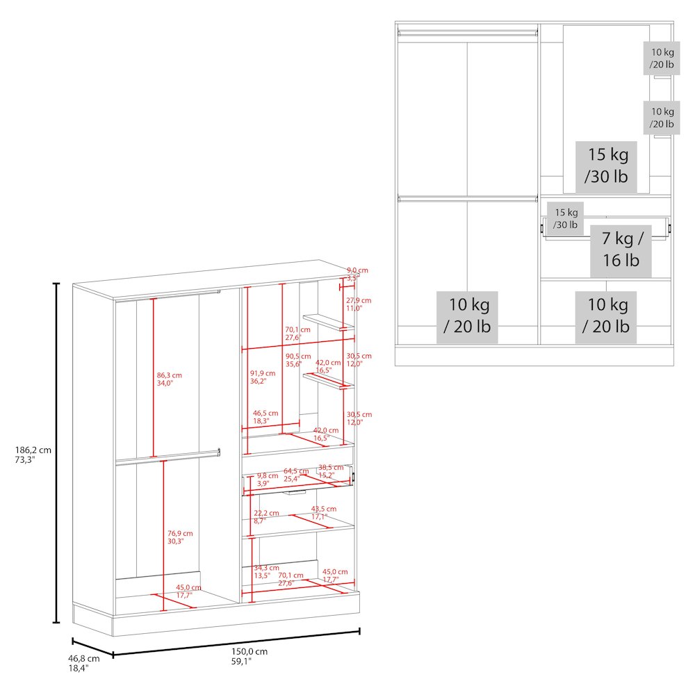 Kamelot Armoire With Double Doors, Hanging Rod And Interior Shelves, White. Picture 7