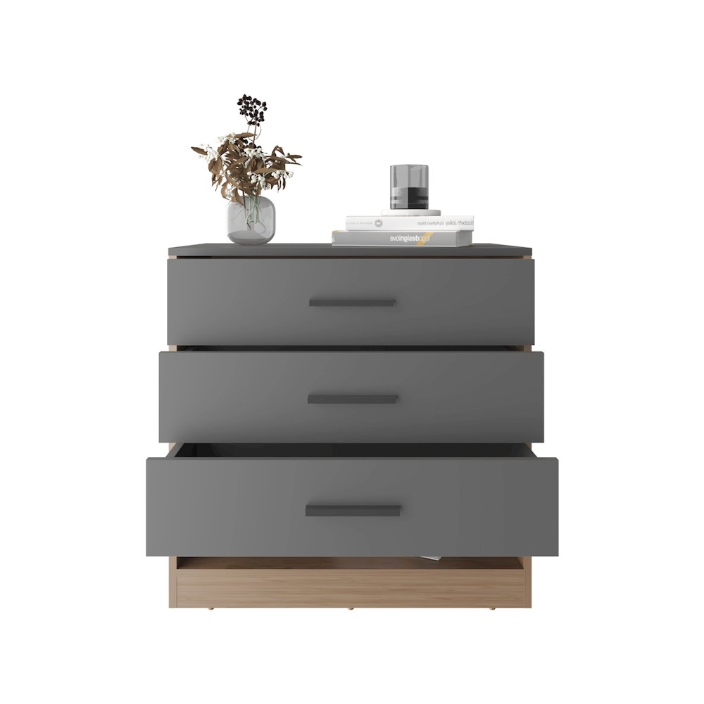 27" High Three Drawer Dresser And Open Shelf, Matte Gray - Natural Oak. Picture 3