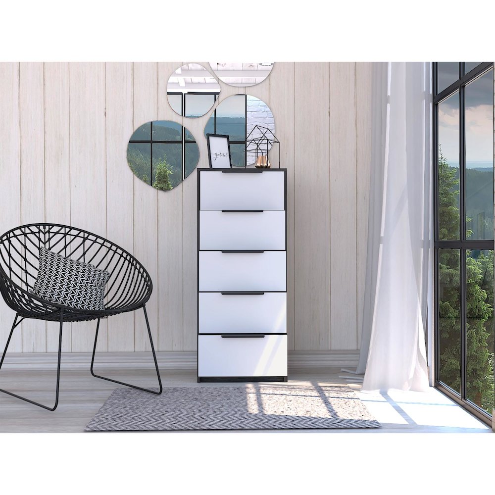 Kaia Five Drawer Dresser Smokey Oak / White MDF. Picture 5