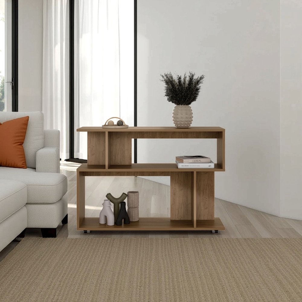 Asymmetrical Sofa SideTable with Open Storage Shelves, A Top Shelf, Natural Oak. Picture 4