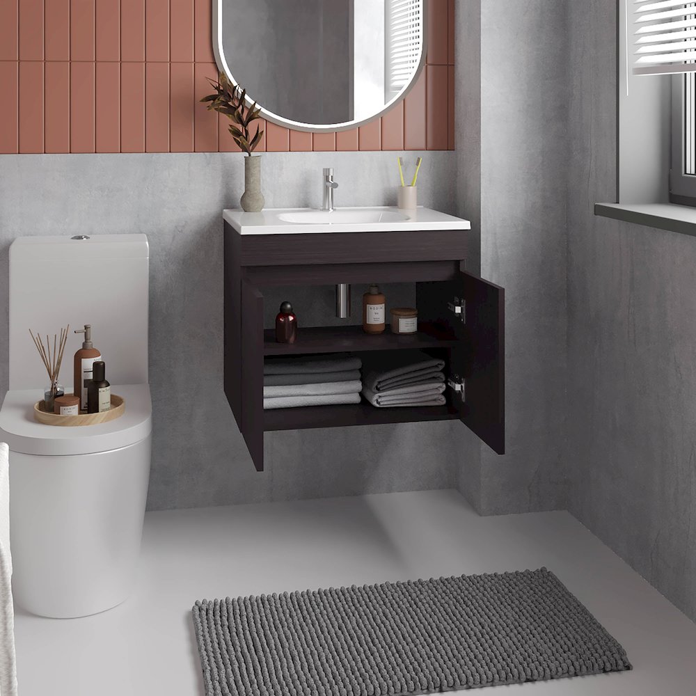 Chaux Floating, Wide Double Door Vanity, With Resin Sink And Two Shelves, Black. Picture 5