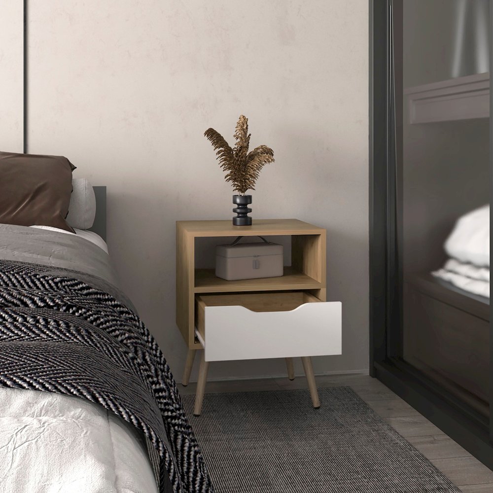 Wenden 21" High Nightstand, One Drawer, One Open Shelf, Natural Oak, White. Picture 6