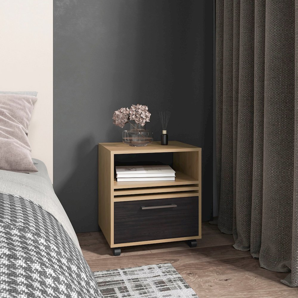 Vance Nightstand Natural Oak - Black MDF. Picture 4