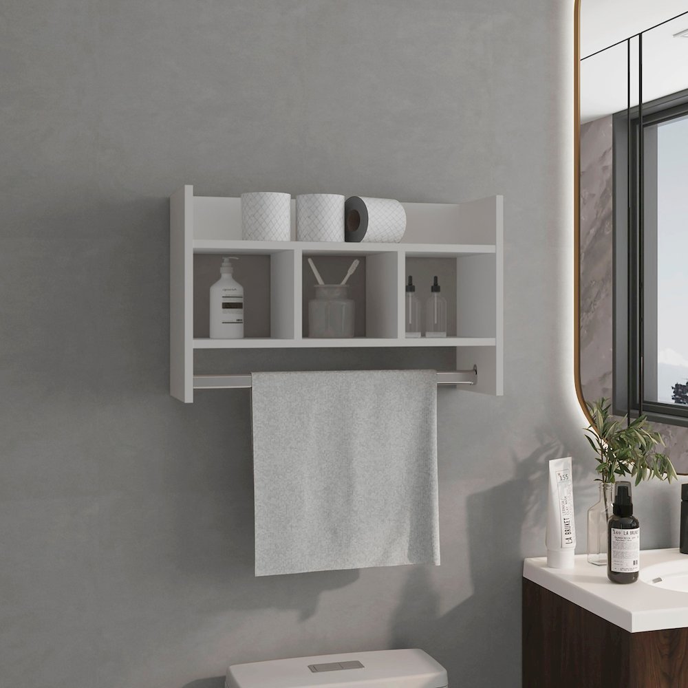Bathroom Wall Shelf with Towel Bar, Compact Storage and Towel Holder, White. Picture 4