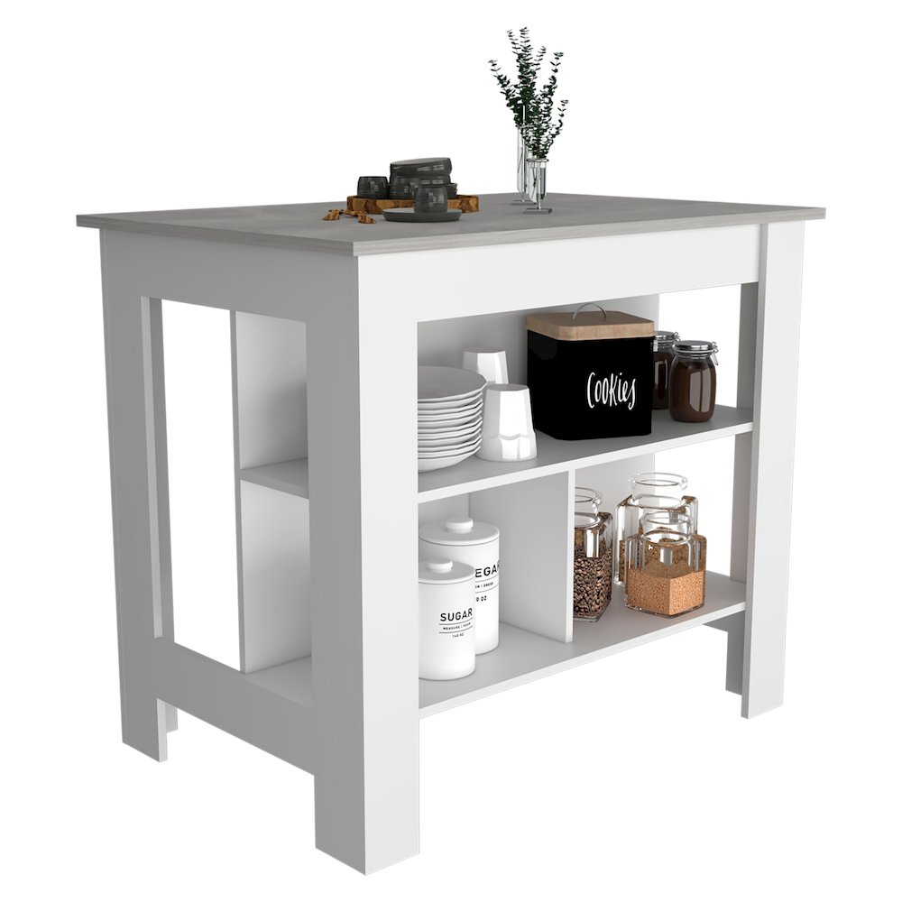 Cala Kitchen Island, Four Legs, Three Shelves White / Ibiza Marble. Picture 3