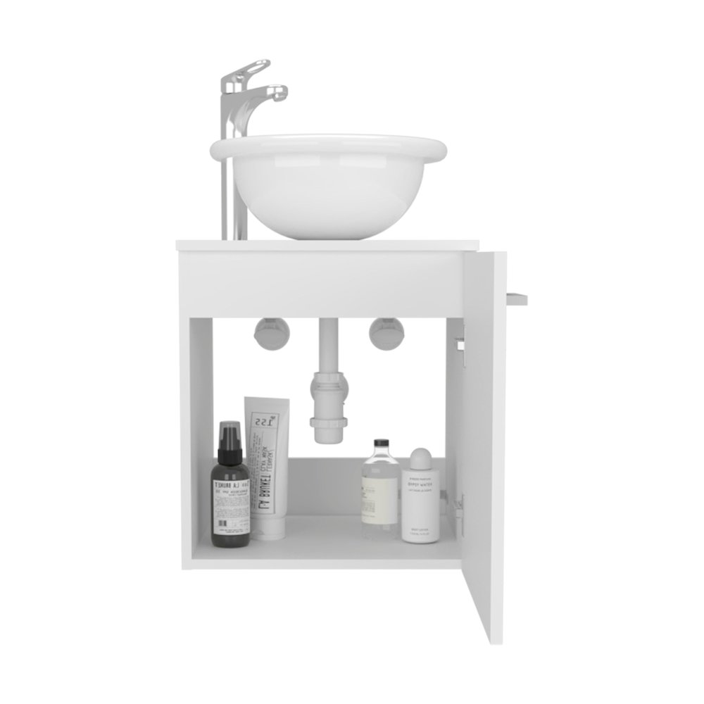 Floating,  Wide One-Door Cabinet Vanity, With Wessel Sink And One Shelf, White. Picture 1