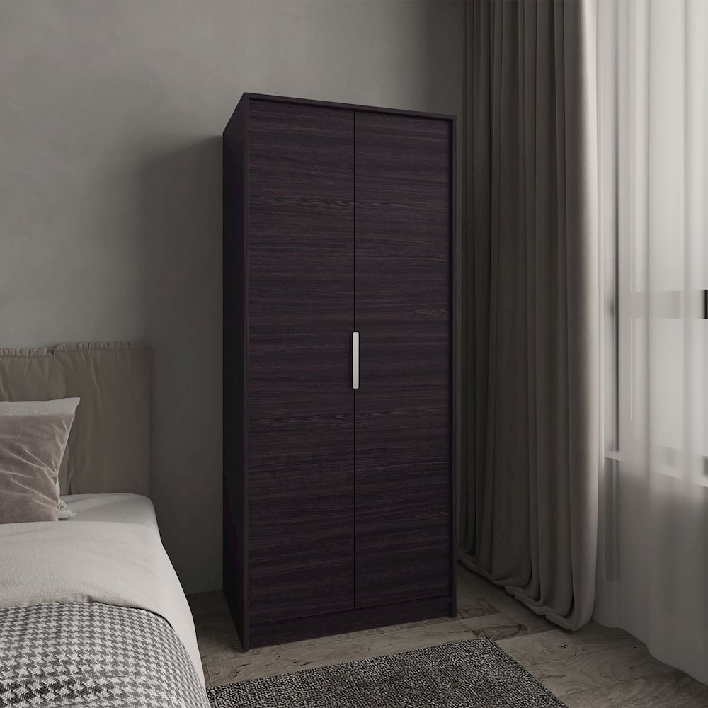 Armoire Double Doors, Hanging Rod, Interior Shelves, Freestanding Wardrobe,Black. Picture 2