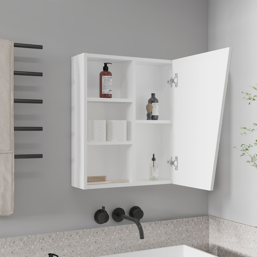 Wall-Mounted Mirror Medicine Cabinet With One Door, Four Open Compartments,White. Picture 5