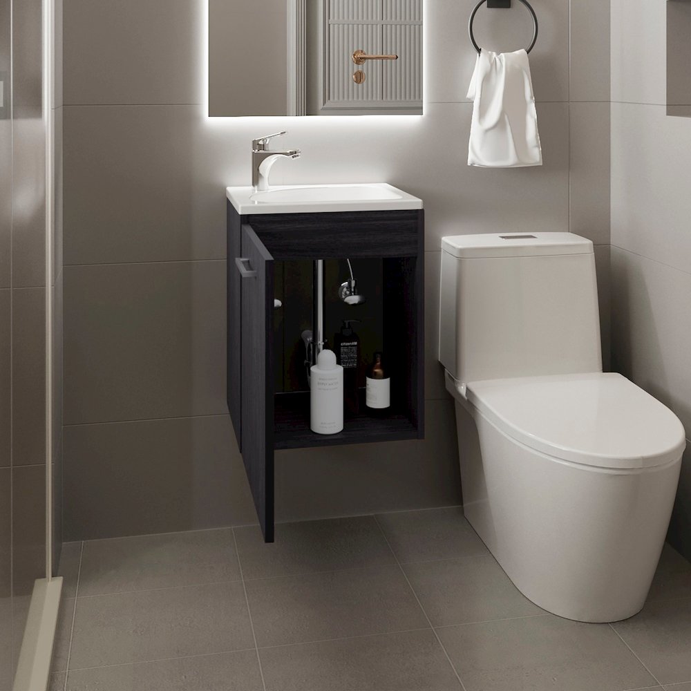 Floating, Wide One-Door Cabinet Vanity, With Resin Sink And One Shelf, Black. Picture 5