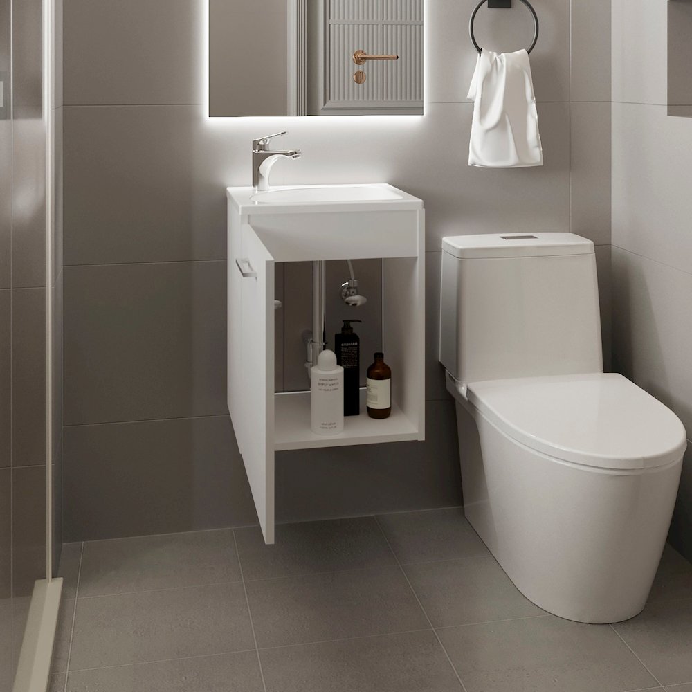 Floating, Wide One-Door Cabinet Vanity, With Resin Sink And One Shelf, White. Picture 5