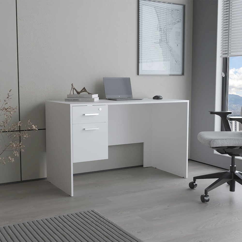 Office Desk with Two Drawers and Side Storage,Compact Computer Workstation,White. Picture 4